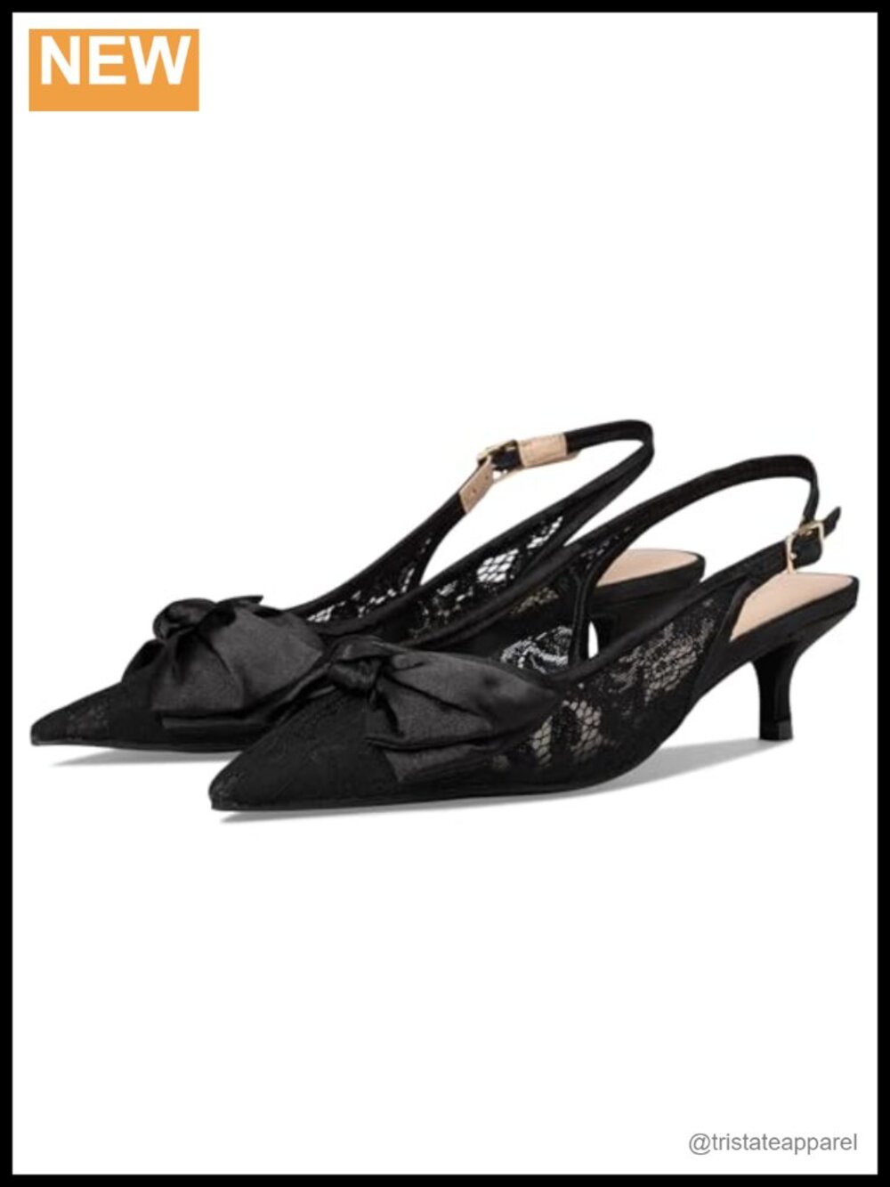 Lace Satin Slingback Kitten Heel Pointed Toe Buckle Closure Dress Pump